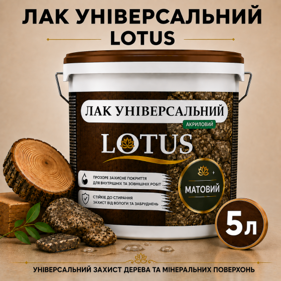Лак універсальний акриловий LOTUS прозорий матовий без запаху зносостійкий для дерева, каменю, бетону та інших поверхонь 5 л Харків