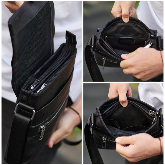 Чёрная кожаная мужская сумка через плечо Tiding Bag Киев