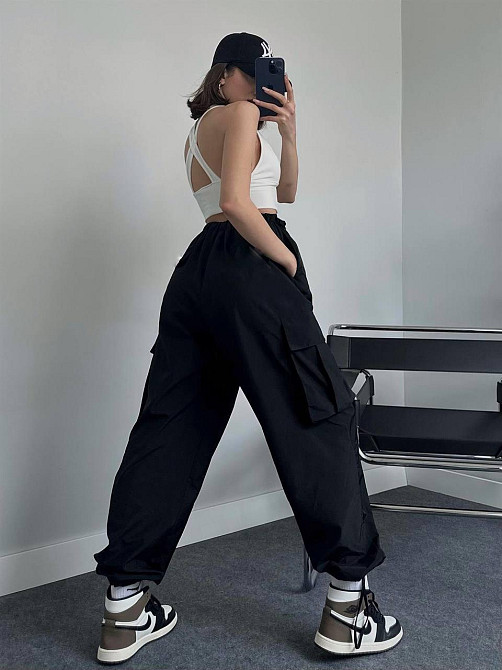 Жіночі широкі плащові штани карго матова плащівка Чорний, 42/44 Одеса - фото 6