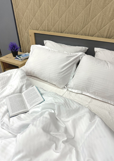 Комплект постельного белья Страйп-сатин Двуспальный 180х220 с простыней на резинке Белый (88-086) Киев - изображение 8