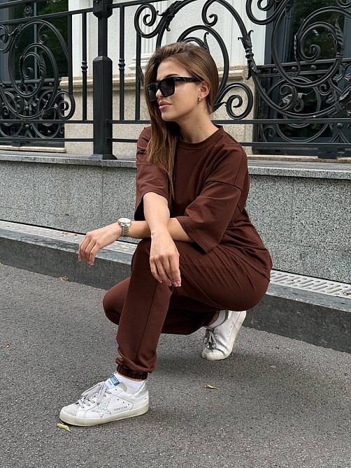 Жіночий костюм двонитка футболка та штани прогулянковий Коричневий M-L Харків - фото 15