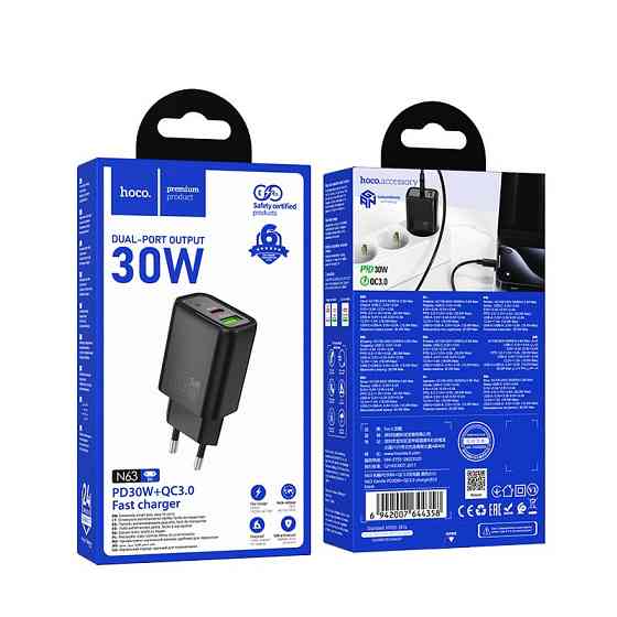 Мережевий зарядний пристрій HOCO N63 Gentle PD30W+QC3.0 charger (EU) Black Одеса
