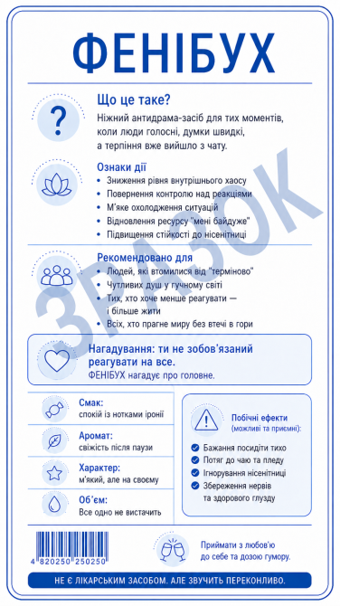 Етикетка на пляшку «ФЕНІБУХ» + контретикетка | прикольна наліпка на алкоголь етикетка з гумором від стресу, нервів і зайвої драми Одеса - фото 1