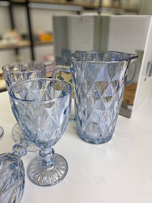Набір 6 шт. келихів + глечик 1 л. «Дзеркальний Смарагд» 300 мл блакитний колір Київ - фото 4