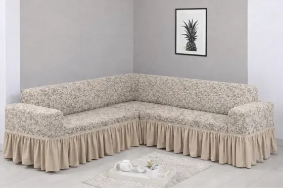Угловой жаккардовый чехол на диван, универсальный натяжной чехол, накидка на диван Бежевый Коломыя