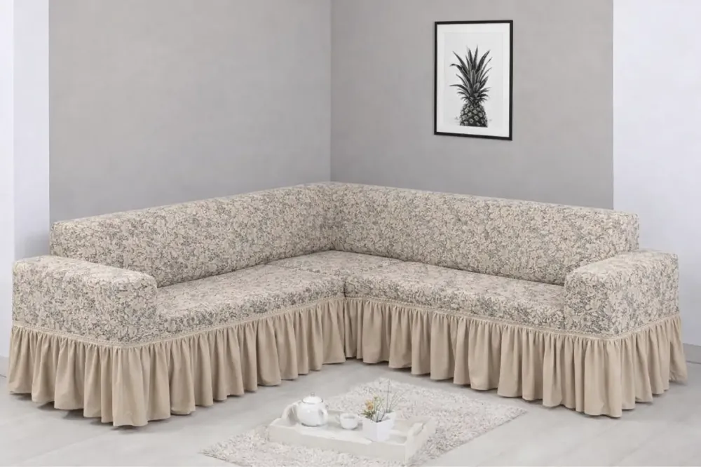 Угловой жаккардовый чехол на диван, универсальный натяжной чехол, накидка на диван Бежевый Коломыя - изображение 1