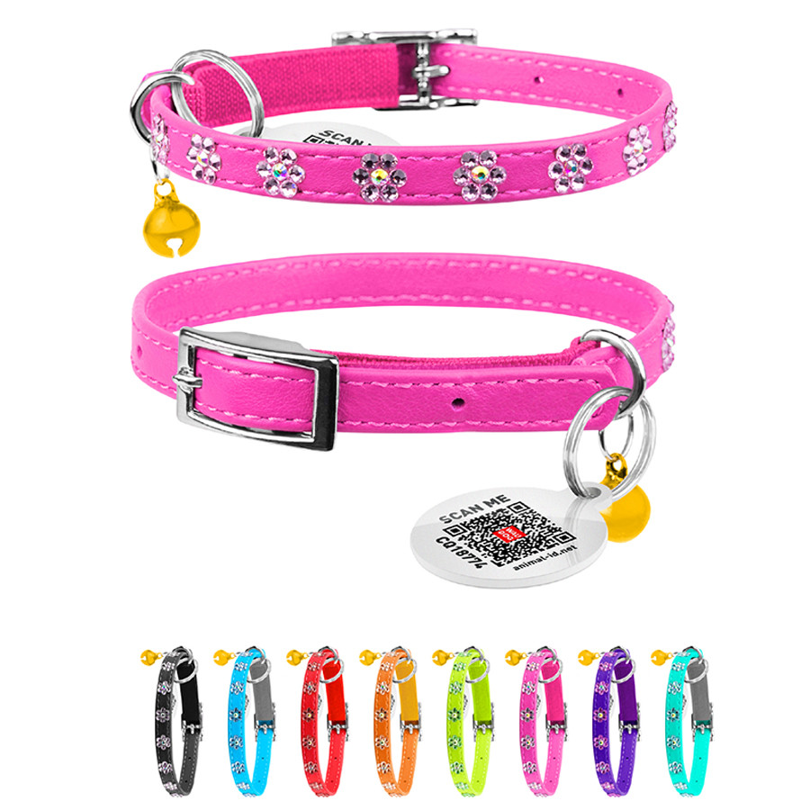 Нашийник WAUCAT Glamour з резинкою, клейовими стразами "Квітка" для котів (ширина 9мм, довжина Коломыя - изображение 1