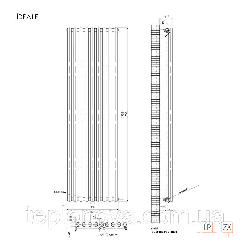 Дизайнерский радиатор 1800/531 (мм) черный мат IDEALE GLORIA  (универсальное подключение) 11 9/1800/531 Черновцы - изображение 6