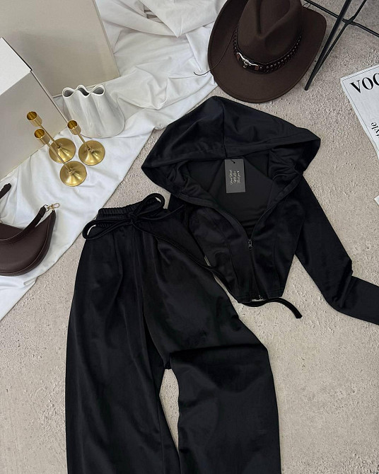 Женский прогулочный костюм двойка: кофта и штаны велюр Черный, 42/44 Одесса - изображение 2