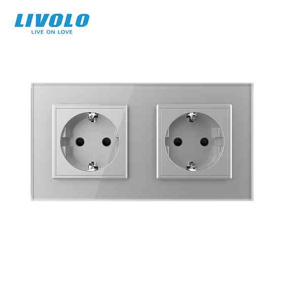 LIVOLO Подвійна електрична розетка з заземленням LIVOLO, сіра, скляна рамка, шторки, 250В 16А ( Коломия