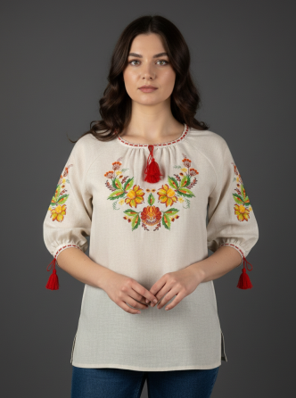 Лляна вишиванка з Петриківським розписом в насичених кольорах Київ