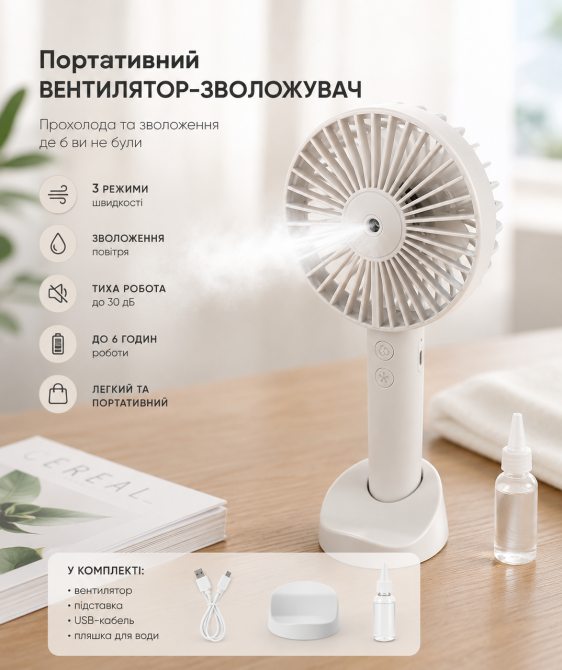 Портативний ручний вентилятор-зволожувач Humidifying Fan V9 на акумуляторі Міні-кондиціонер із розпиленням води, Білий Київ - фото 1
