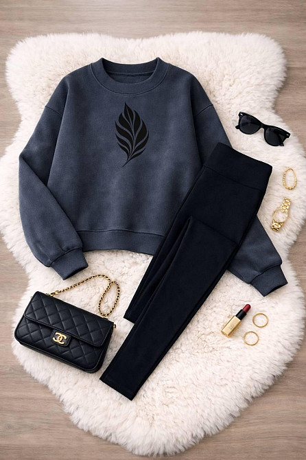 Женский стильный теплый костюм двойка (кофта + солодки) флис Графит, 50/52 Одесса - изображение 1