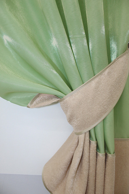 Кухонные шторы VR-Textil № 073к с ламбрекеном и подхватами светло-оливковый с песочным 270х170 см (52-0475) Киев - изображение 3