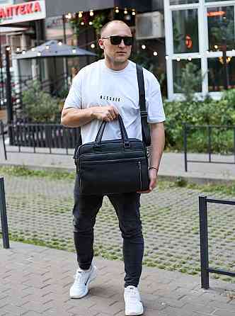 Офисная мужская сумка через плечо 39х29х10, кожаный портфель-мессенджер для бизнеса, черный Киев