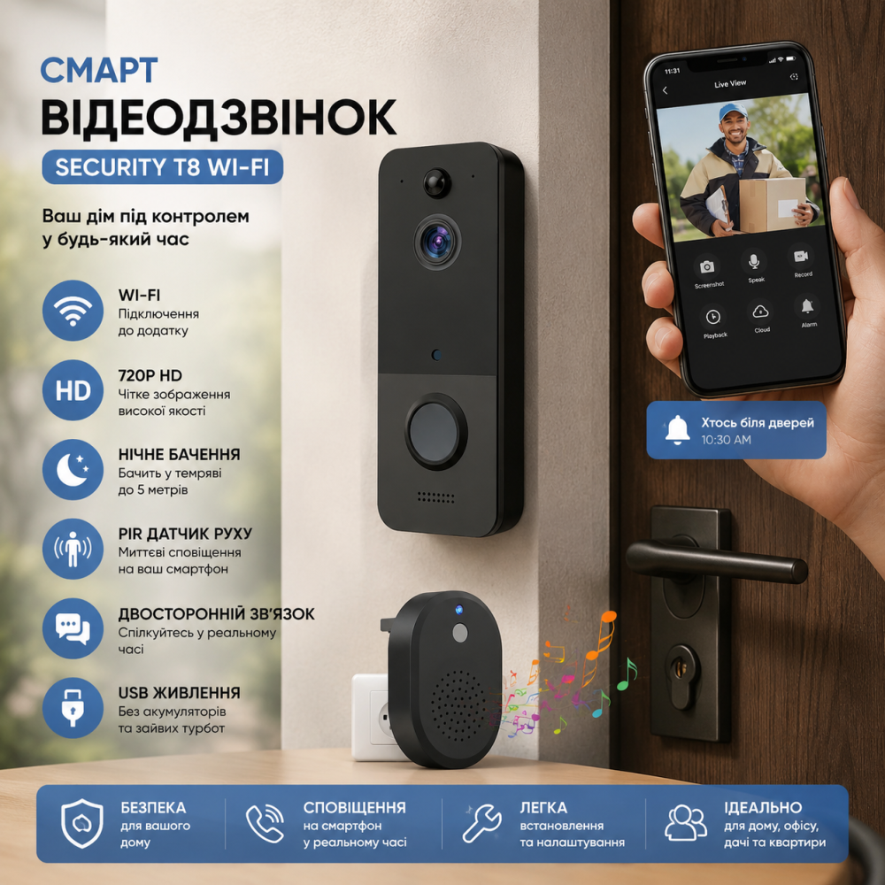 Уценка Смарт-видеозвонок Security T8 Wi-Fi, 720P, ночное видение, PIR датчик движения, беспроводной видеозвонок USB, без аккумулят Киев - изображение 7