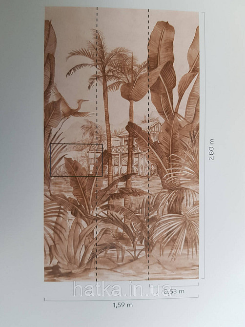Шпалери вінілові Grandeco One roll one motif 1.59x2.8 панно пальми гілки банана коричневі на бежевому Київ - фото 3
