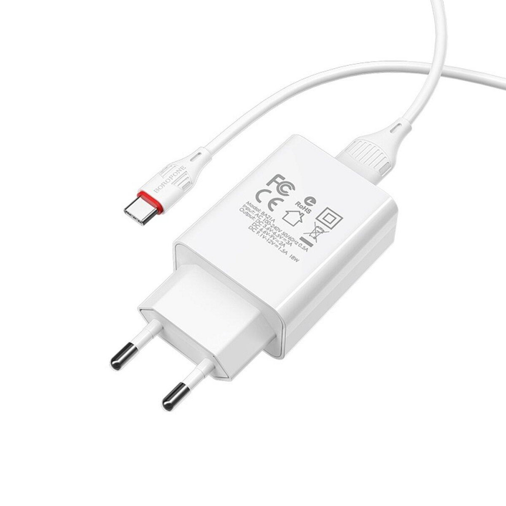 Мережевий зарядний пристрій BOROFONE BA21A Long journey single port QC3.0 charger set, колір білий BA21ACW Одеса - фото 2
