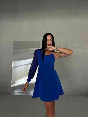 Жіноча святкова міні сукня на одне плече костюмка із шифоновим рукавом Електрик, 44 Одеса