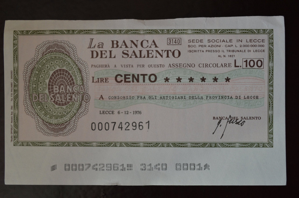 Чек. Италия 100 Лир 1976год (ЧК-1) ЛОТ 37 Полтава - изображение 1