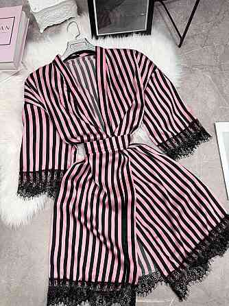 Женский домашний халат в полоску шелк армани с кружевом Розовый, 48/52 Одесса