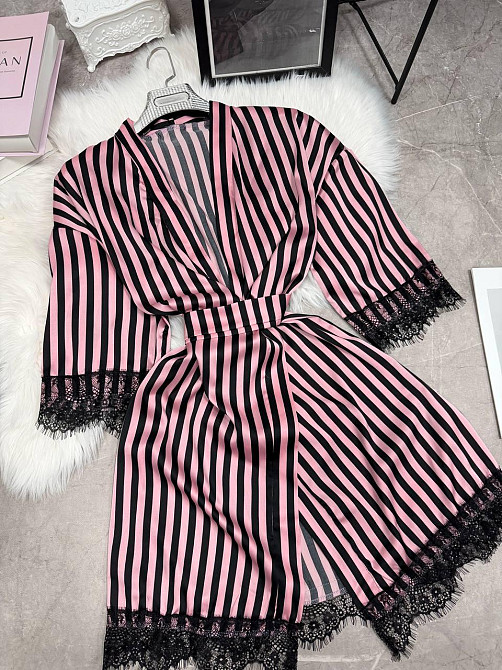 Женский домашний халат в полоску шелк армани с кружевом Розовый, 48/52 Одесса - изображение 2