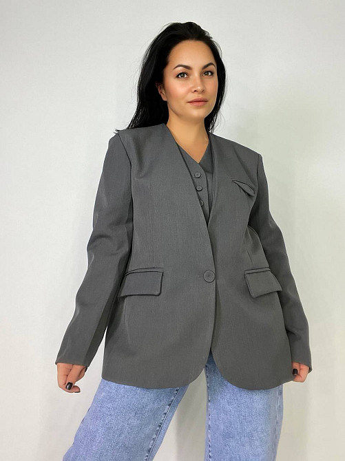 Пиджак женский Qidian 9329 двойка имитация жилетки оверсайз свободный широкий крой one size, серый, one size Киев - изображение 15