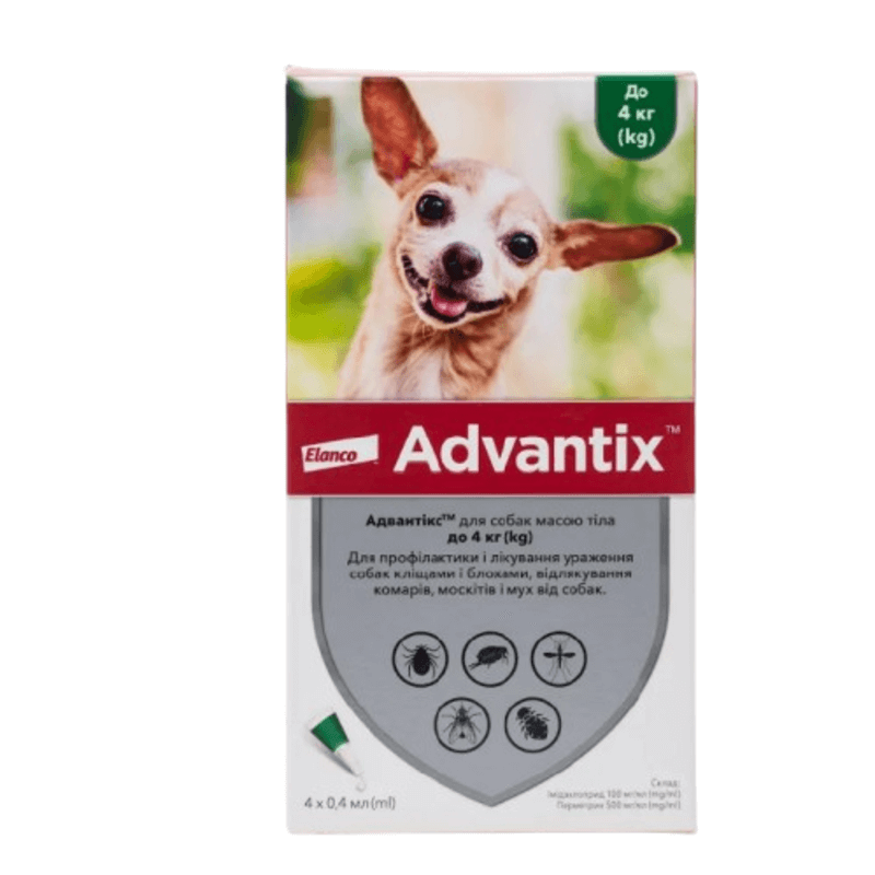 Капли от блох и клещей Elanco Advantix для собак весом до 4 кг, упаковка 4 пипетки Киев - изображение 1