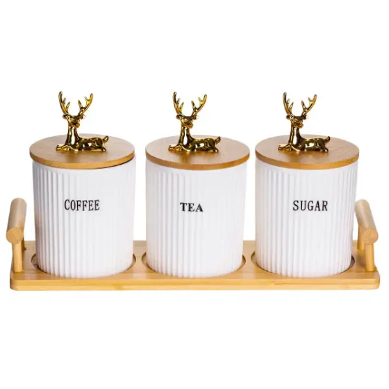 Набір фарфорових банок для сипучих 3 шт з підставкою Київ