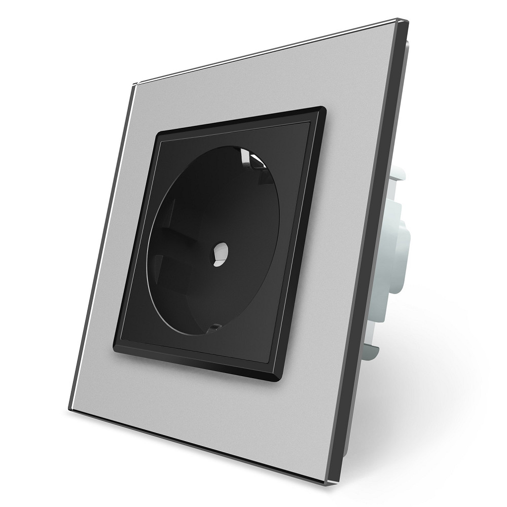 LIVOLO Електрична розетка з заземленням LIVOLO, чорна з сірою рамкою, шторки, скло, 250В 16А (V Коломия - фото 5