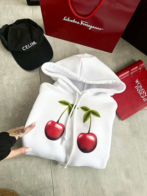 Жіноча тепла оверсайз худі з вишеньками тринитка на флісі Одеса - фото 5