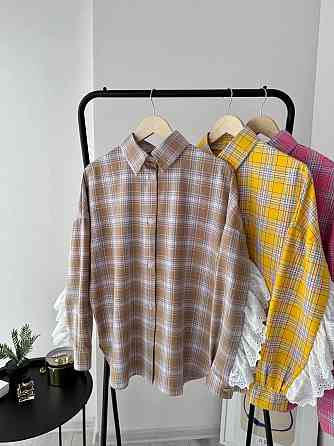 Жіноча стильна оверсайз сорочка в клітинку з акцентними рукавами Капучино Одеса
