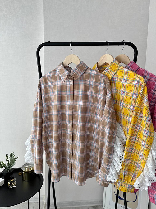 Женская стильная оверсайз рубашка в клетку с акцентными рукавами Капучино Одесса - изображение 2