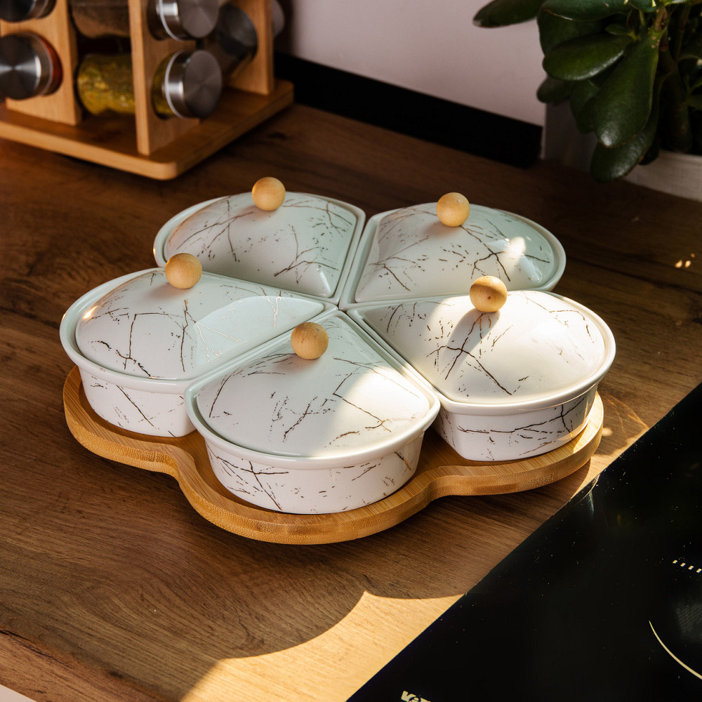 Yiwu Менажниця порцелянова на підставці, що обертається, 5 секцій біла HP-1217 Київ - фото 7