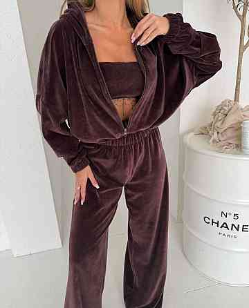 Жіночий плюшевий костюм-трійка: кофта топ і штани з велюру Шоколад, 42/44 Одеса