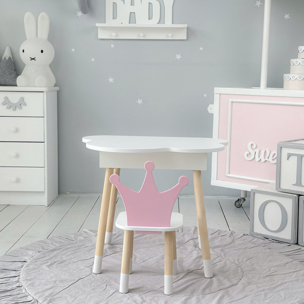 Столик облачко с удобной нишей 54х68х50 и стульчик корона 26х26х24, стол и стул в детскую, белый с розовым Каменское - изображение 5