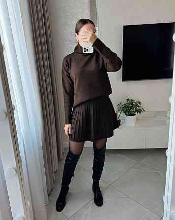 Женский уютный теплый костюм: свитер и юбка мелкая машинная вязка Одесса