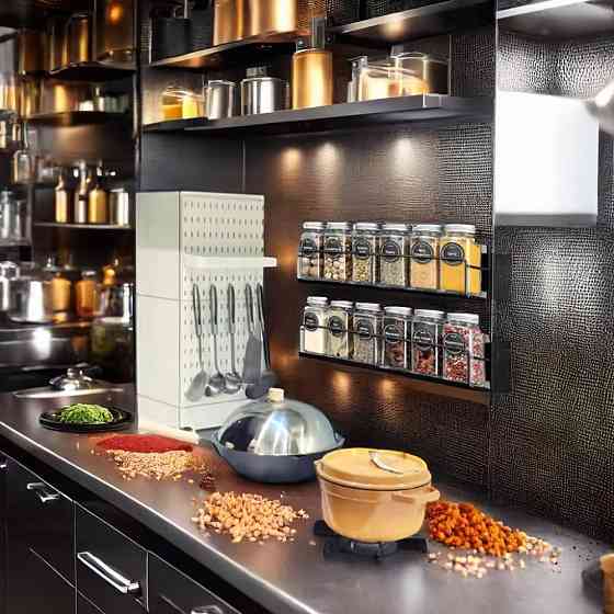 Набор для специй в комплекте 24 банки и 4 магнитных полоки металические, черный Каменец-Подольский