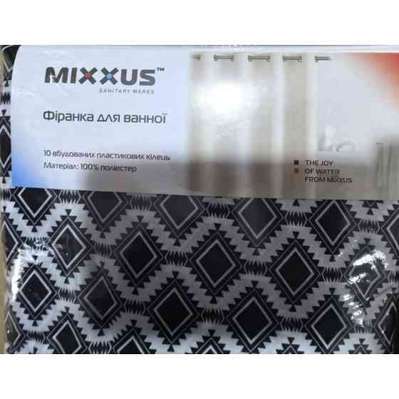 Шторка для ванної Mixxus SCT-007-180x180 з поліестеру із вбудованими кільцями (Візерунок "Соти" чорно-білий) (AC0648) Київ