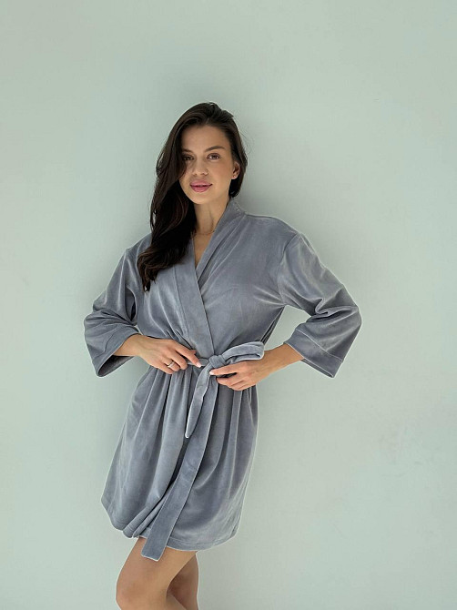 Халат жіночий плюш велюр під пояс Сірий S Харків - фото 1