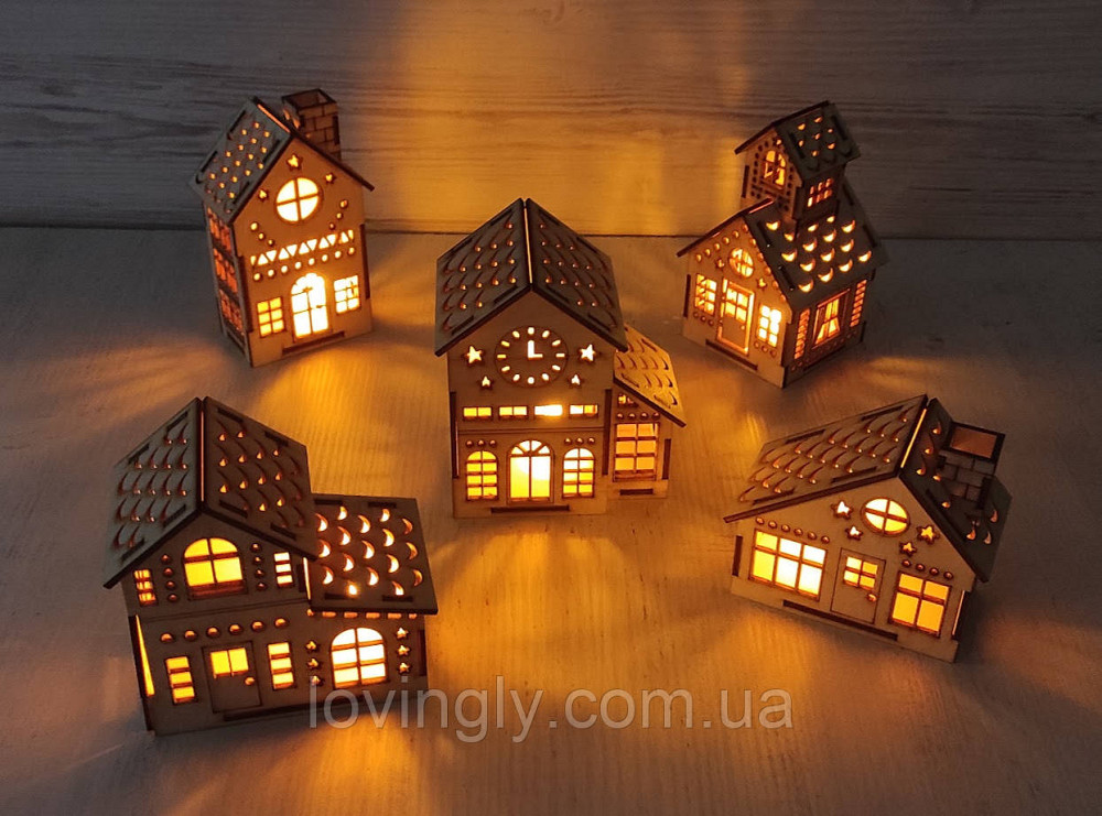 Новогодняя инсталляция “Сказочный городок” пять деревянных домиков с подсветкой Ирпень - изображение 4
