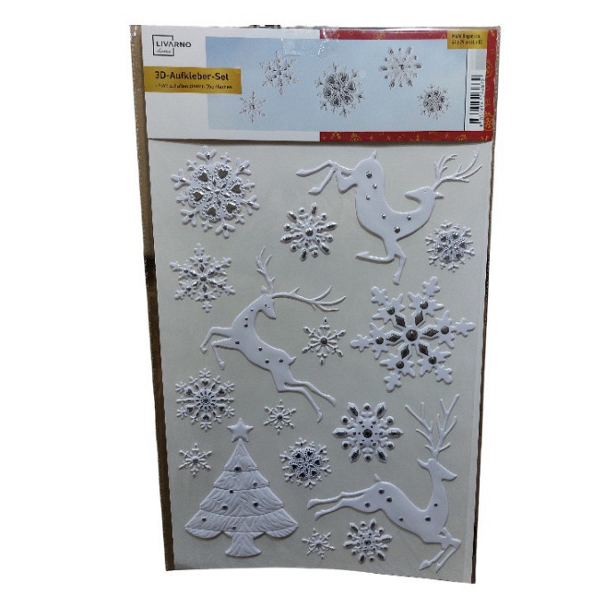 3D Новогодняя наклейка Олени со снежинками Livarno Home 29 на 41 см бело-серебристый Киев - изображение 1