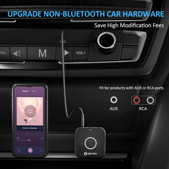 Bluetooth 5.3 адаптер-ресивер SONRU AUX RCA для авто та дому Hi-Fi аудіоприймач з шумозаглушенням та акумулятором Київ