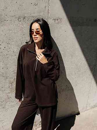 Женский повседневный оверсайз костюм двойка: кофта и штаны трикотаж пума рубчик Шоколад Одесса