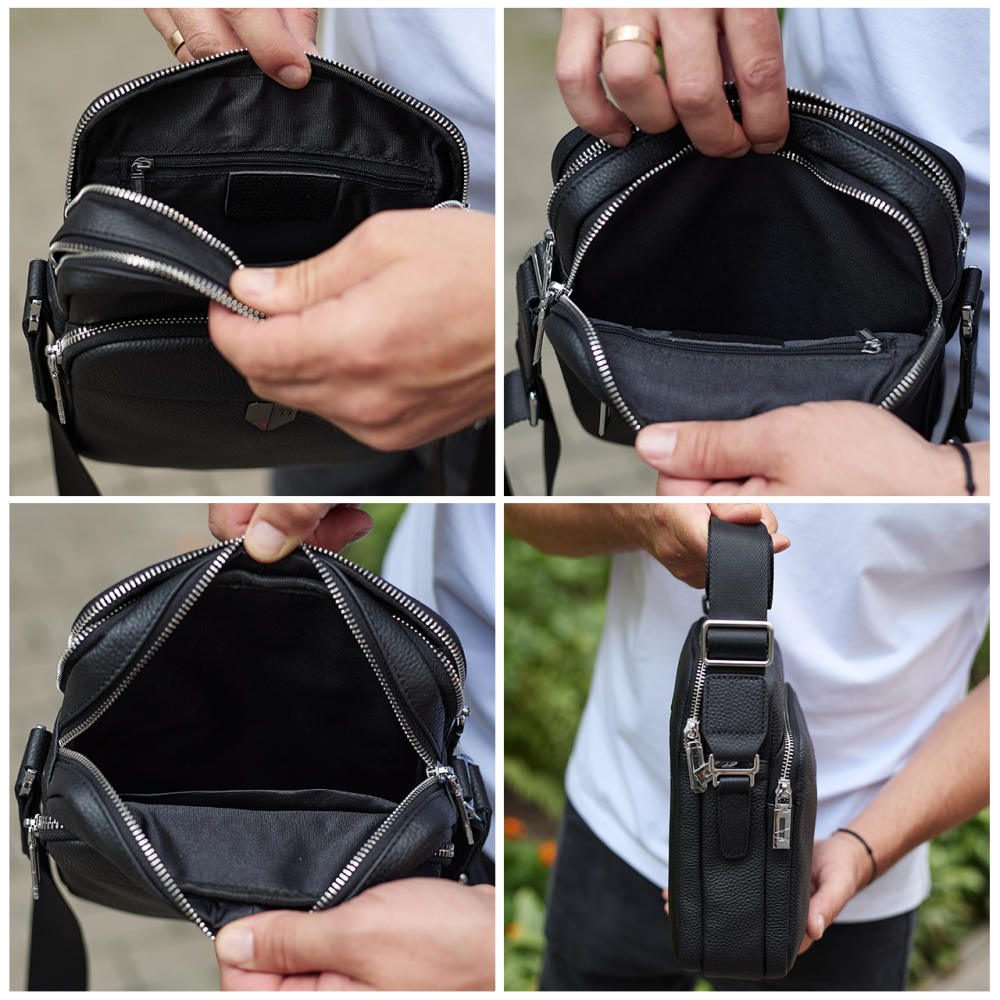 Чоловіча шкіряна сумка-барсетка 24х20х8, компактна сумочка на плече для чоловіка, наплічний месенджер, чорна Кам'янське - фото 7
