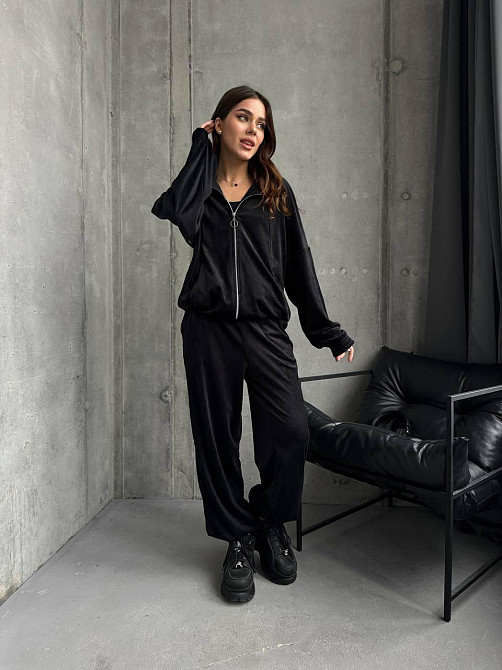 Жіночий прогулянковий костюм-двійка: кофта та штани з турецького велюру Чорний, 46/48 Одеса - фото 6