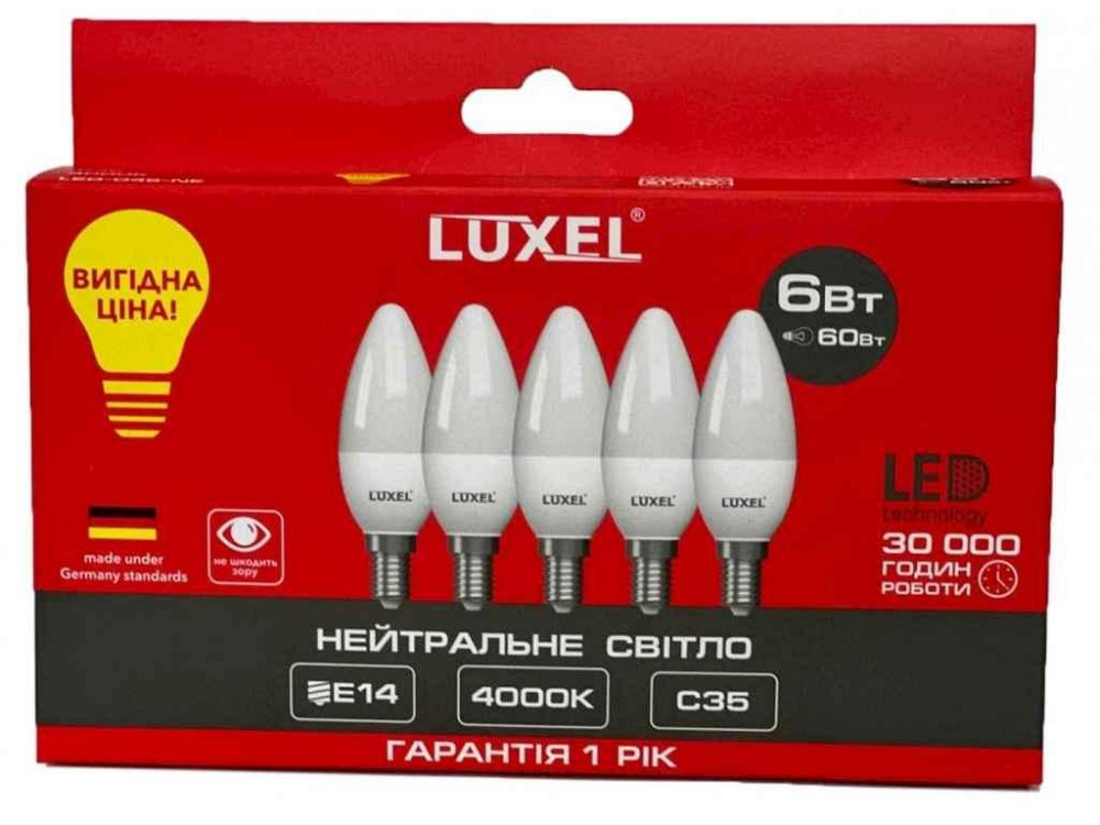 Лампа світлодіодна 6W E14 4000K C35 (045-NE) 5шт ТМ LUXEL Київ - фото 1