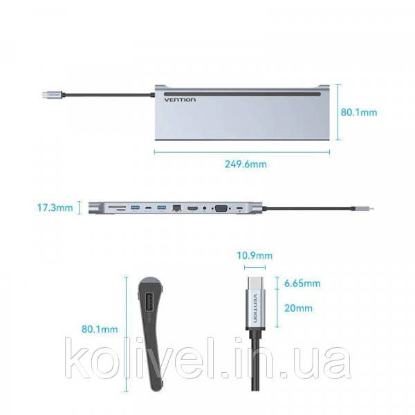 Док-станція USB3.1 Type-C --> HDMI/VGA/USB-C/USB3.0x3/RJ45/SD/TF/TRRS 3.5mm/PD 100W Vention 11in1 (THTHC) Київ - фото 2