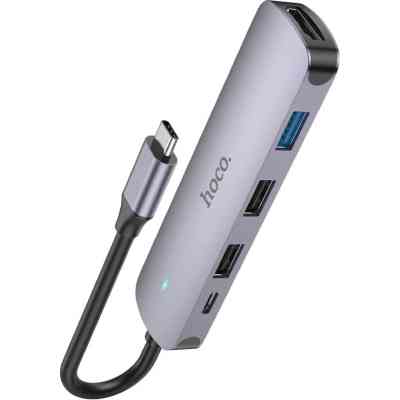 Концентратор HOCO USB-C to HDMI+USB3.0+2xUSB2.0+PD HB27 Metal Gray (6931474769329) Вінниця