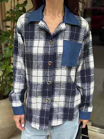 Женская стильная рубашка в клетку с джинсовыми вставками турецкая байка Серый, 46/48 Одесса